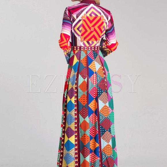 NWT Multicolor A-line Long Slv Printed Maxi Dress - Picture 3 of 10
